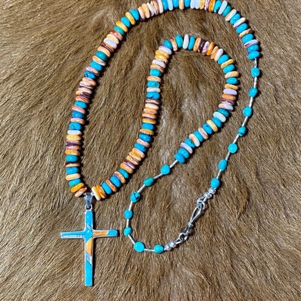 Spiny Oyster and Turquoise Necklace with Cross Pendant